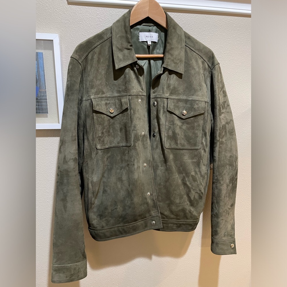 Reiss olive green suede leather jacket in size medium